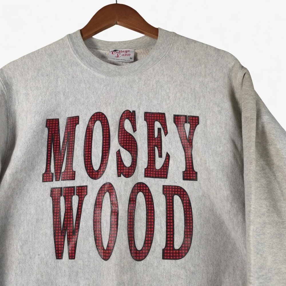 Vintage College Lane MOSEY WOOD Gray Crewneck Sweatshirt Size Medium USA Flaws